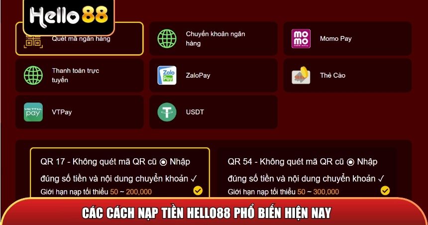 Các cách nạp tiền Hello88 phổ biến hiện nay